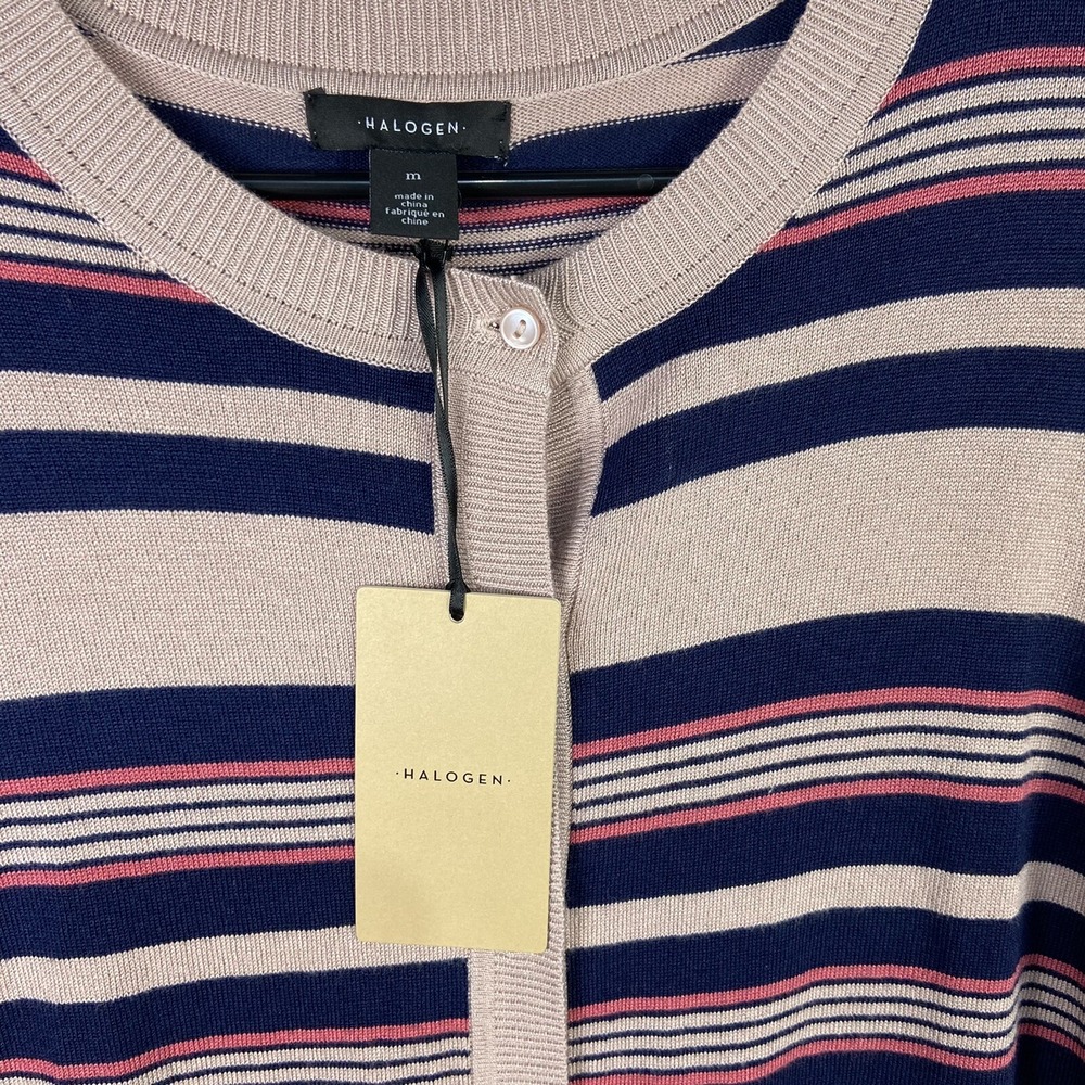 Halogen Nordstrom women cardigan size M stripes cotton long sleeve pink Office - Picture 2 of 7